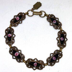 Vintage Pididdly Links  Bracelet Victorian Revival Hand-Painted Floral Brass 7"
